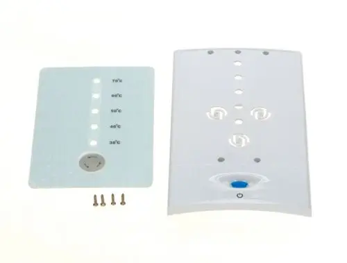 Weißer Kunststoffdeckel mit fünf Temperaturmarkierungen und einem Bedienknopf. Dazu eine transparente Blende mit Skala und einem rundem Symbol. Komponenten von Bosch.